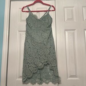 Lulu's Sage Green Lace V-Neck Spaghetti Strap Dress